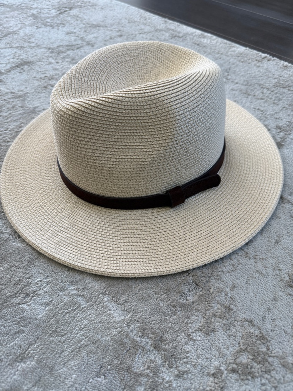 Wide-Brim Straw Fedora with Brown Band - Cream